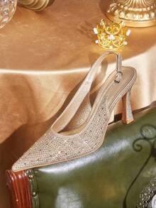 CUCCOO TILAWA Women Shoes Pointed Slender Heel Gold Rhinestone Sexy Fashion Gorgeous Back Lift After Empty Shoes With Skirts Banquet Party Night Club Women's High Heel Shoes Women's Shoes - Gold - View 6