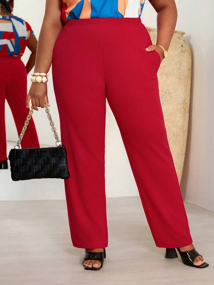 Plus Size Women Fall/Winter Casual Daily Burgundy Red Long Pants With Pockets, Autumn/Winter, Going Out, 2025 New ,Simple And Fashionable For Everyday Wear , Christmas For Women ,New Year ,Thanksgiving For Women , Elastic Waist Pants, Women Pants Casual