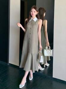 DAZY Women's Elegant Commuter Houndstooth Sleeveless Mid-Length Dress, Summer - Khaki - View 3