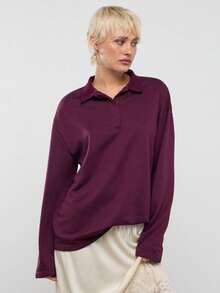 COUREZ Long Sleeve Oversized Rugby Polo Shirt/ Y2K Tops  Spring Clothes For Women Spring Top Going Out Outfits Women Cute Tops Casual Outfits - Burgundy - View 7