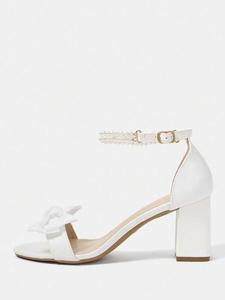 CUCCOO HITCHD Women's Classic Fashion High Heel Sandals With Pearl & Bow Decor, Elegant Thick Heel Sandals For Wedding, Valentine's Day Wedding Shoes Spring Shoes Bride Shoes