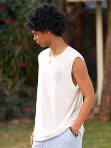 Open Phase 男士休闲无袖棕榈树和字母印花圆领背心 - 白色 - 查看 5