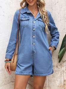 EMERY ROSE Women's Casual Front Button Denim Romper - Blue - View 3
