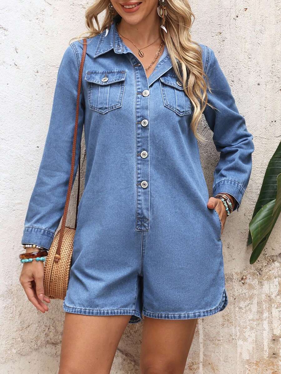 EMERY ROSE Women's Casual Front Button Denim Romper - Blue - View 1