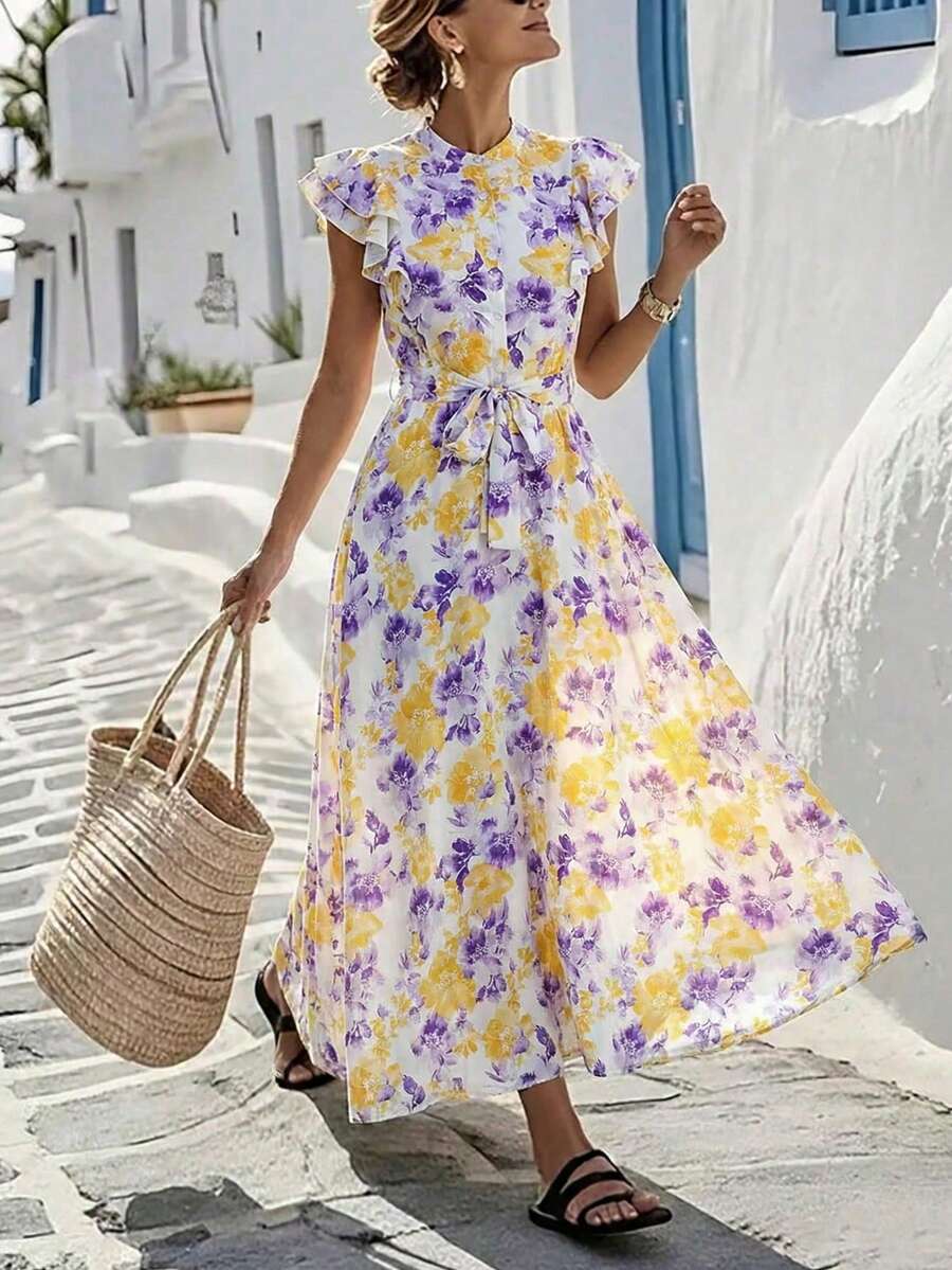 Louniche Đầm chữ A cổ chữ V, eo bèo nhún, họa tiết hoa nhí, thích hợp cho các buổi đi chơi mùa xuân hoặc hẹn hò. - Nhiều màu - Xem 1