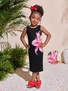 少女热带紫红色圆领露腰A字连衣裙 - 黑色 - 查看 6