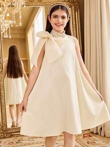 SHEIN Tween Girl Rhinestone Collar Sleeveless A-Line Dress,Oversized Bow Organza Decor Modest Formal Dress For Girls,Cream White,Summer,Elegant,Party - Apricot - View 10
