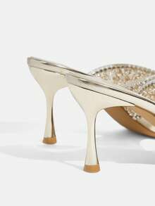 CUCCOO TILAWA 女鞋方头细跟金色透明膜镶钻性感时尚优雅华丽女式高跟凉鞋拖鞋配裙摆日常百搭宴会派对女式凉鞋 - 金色 - 查看 5