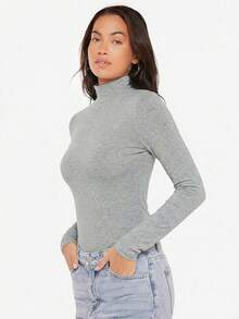 SHEIN BASICS Áo thun ôm dáng cổ cao, dệt kim gân. - Xám - Xem 4