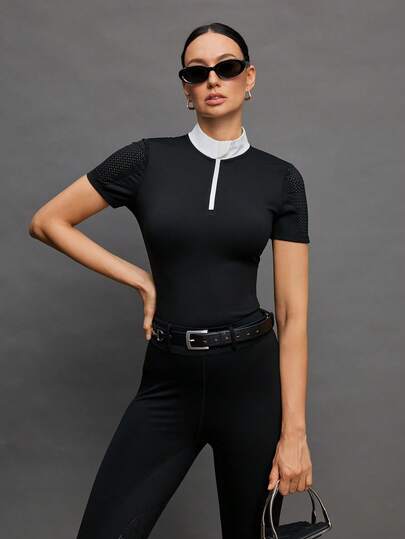 Activina Women's Color Block Stand Collar Zip-Up Fitted Casual Equestrian Top Equestrian Clothing Women's Equestrian Shirt Horse Riding Clothes Black Compression Top Compression Shirt