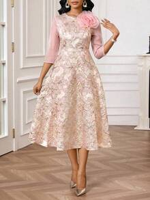 SHEIN Lady Women's Textured Floral Midi Dress - Pink - View 5