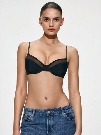 SHAPORA Solid Color Mesh Patchwork Sexy Minimalist Lingerie Bra, Underwire Push-Up Enhances Cleavage, Prevents Sagging