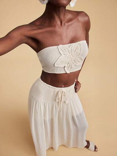 Travachic Women's Vacation 3D Floral Decor Cropped Bandeau Top And Waist Tie Midi Skirt Set,  Casual Daily Wear, Spring Summer Outfits, Festival Outfits, Elegant Party Outfits, Beach Vacation Outfits, Wedding Guest Outfits, Formal Graduation Outfits, Work Outfits For Women