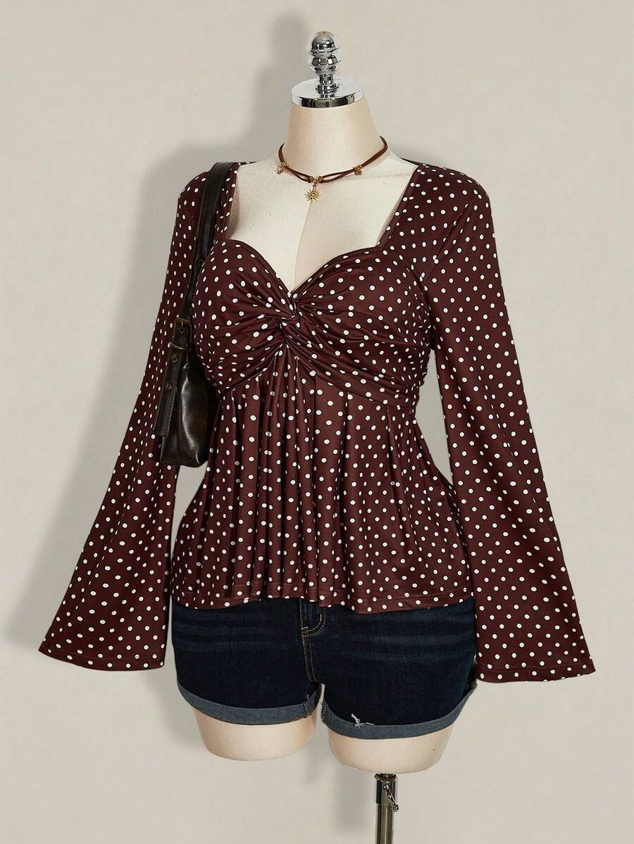 SHEIN ICON 大码女式棕色波点扭结喇叭袖T恤 - 彩色 - 查看 1
