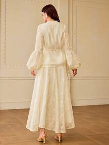 ZEYLAH Elegant Commuter Floral Embroidery Lantern Sleeve Shirt And Skirt 2 Pieces Set - White - View 6