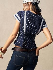 Bohemela Women's Navy Blue Polka Dot Summer Boho Vacation Blouse, French Style Lace Trim V-Neck Open Placket Jacquard Beachwear Music Festival Top - Blue - View 8
