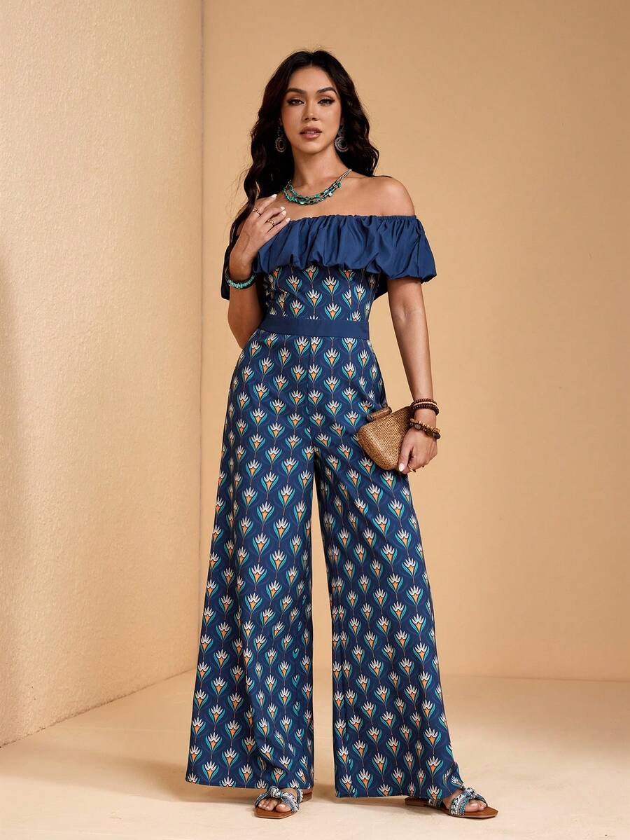JIAN LASALA All-Over Print Off-Shoulder Wide-Leg Woven Women Summer Jumpsuit Vacation Boho Casual Wear - Navy Blue - View 1