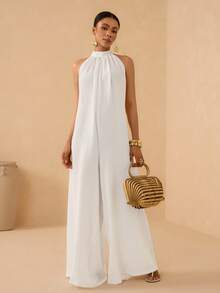 Vesra Vacation Beach Solid Color Backless Halter Wide Leg Jumpsuit - White - View 4