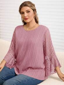 Rosumi 大码女式优雅通勤纯色蕾丝拼接衬衫 - 粉色 - 查看 3