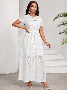 SHEIN Lady Women's Vacation Hollow-Out Embroidered Single-Breasted Short Sleeve Dress And Spaghetti Strap Dress Elegant 2 Pieces Set - White - View 6