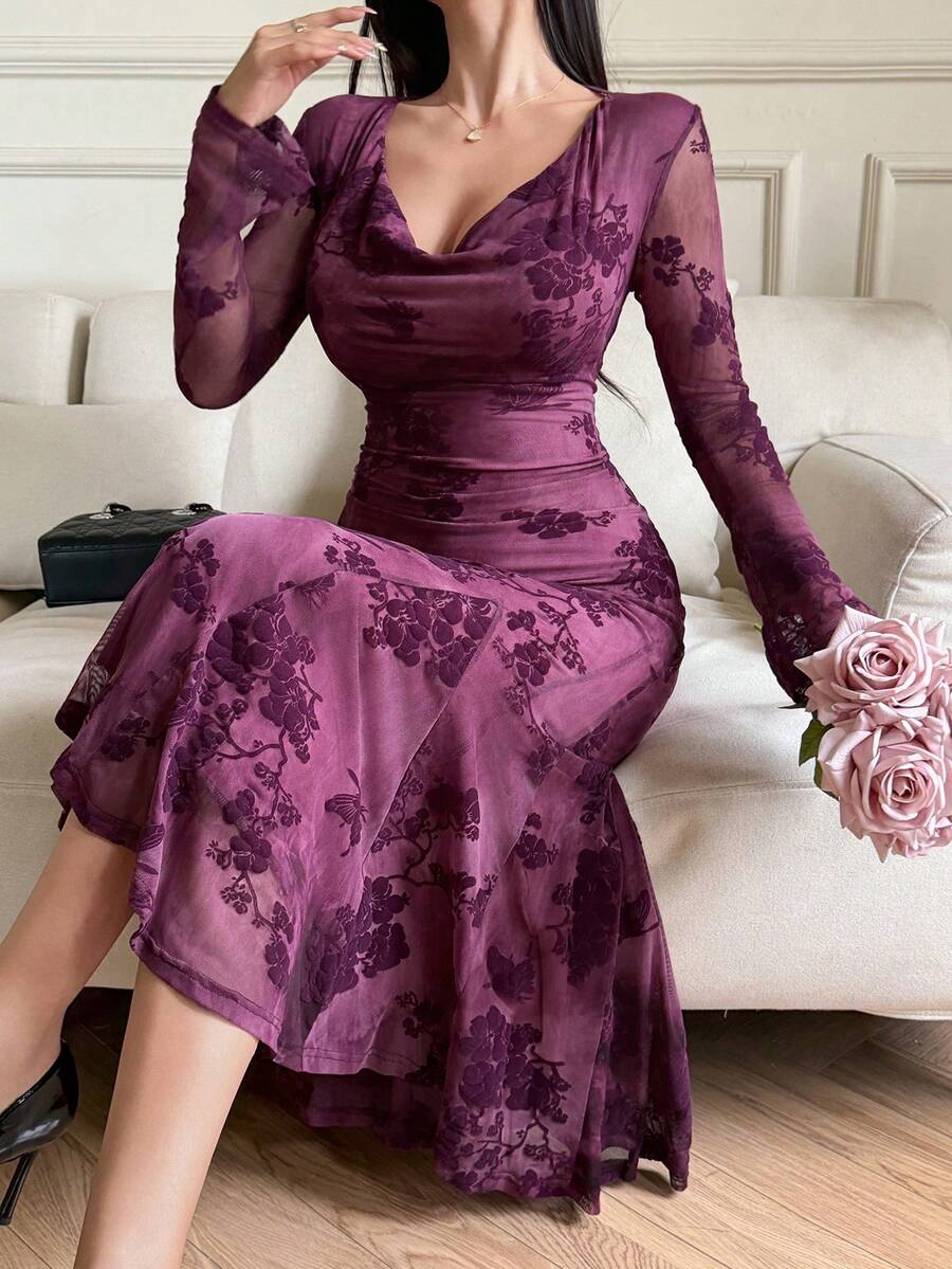 DAZY 优雅印花圆领系腰美人鱼中长连衣裙,女士吊带裙 - 紫色 - 查看 1
