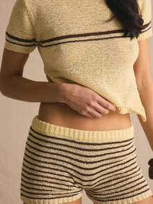 MUSERA Conjunto de top de manga corta con lazo en la espalda y shorts a rayas, estilo primavera-verano, acogedor, lindo, diario, vacacional, al sol, social - Café integral - Ver 6