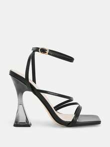 Glitzique 方头水晶高跟鞋，条纹带性感优雅时尚高跟女士凉鞋 - 黑色 - 查看 9