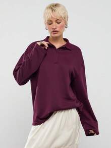 COUREZ Long Sleeve Oversized Rugby Polo Shirt/ Y2K Tops  Spring Clothes For Women Spring Top Going Out Outfits Women Cute Tops Casual Outfits - Burgundy - View 5