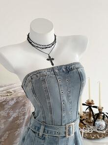 Elamini Women's Chicken Eye Design Pleated Hem Fashionable Strapless Denim Jumpsuit - Blue - View 5