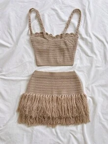 Soleia Nuovo set da 2 pezzi con bustier a forma di conchiglia e gonna a balze, vita bassa, stile bohémien, boho, adatto per vacanze e autunno, abbigliamento vintage per donna - Cachi - Visualizzare 2