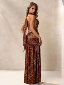 Modelyn Women's Leopard & Floral Print Backless Maxi Dress,Summer Brown 70s Party Holiday Glamorous Earth Tone Halter Bronze Wedding Guest Long Dress - Multicolor - View 2