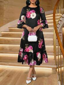 SHEIN Lady 浪漫优雅印花荷叶边连衣裙 - 黑色 - 查看 1