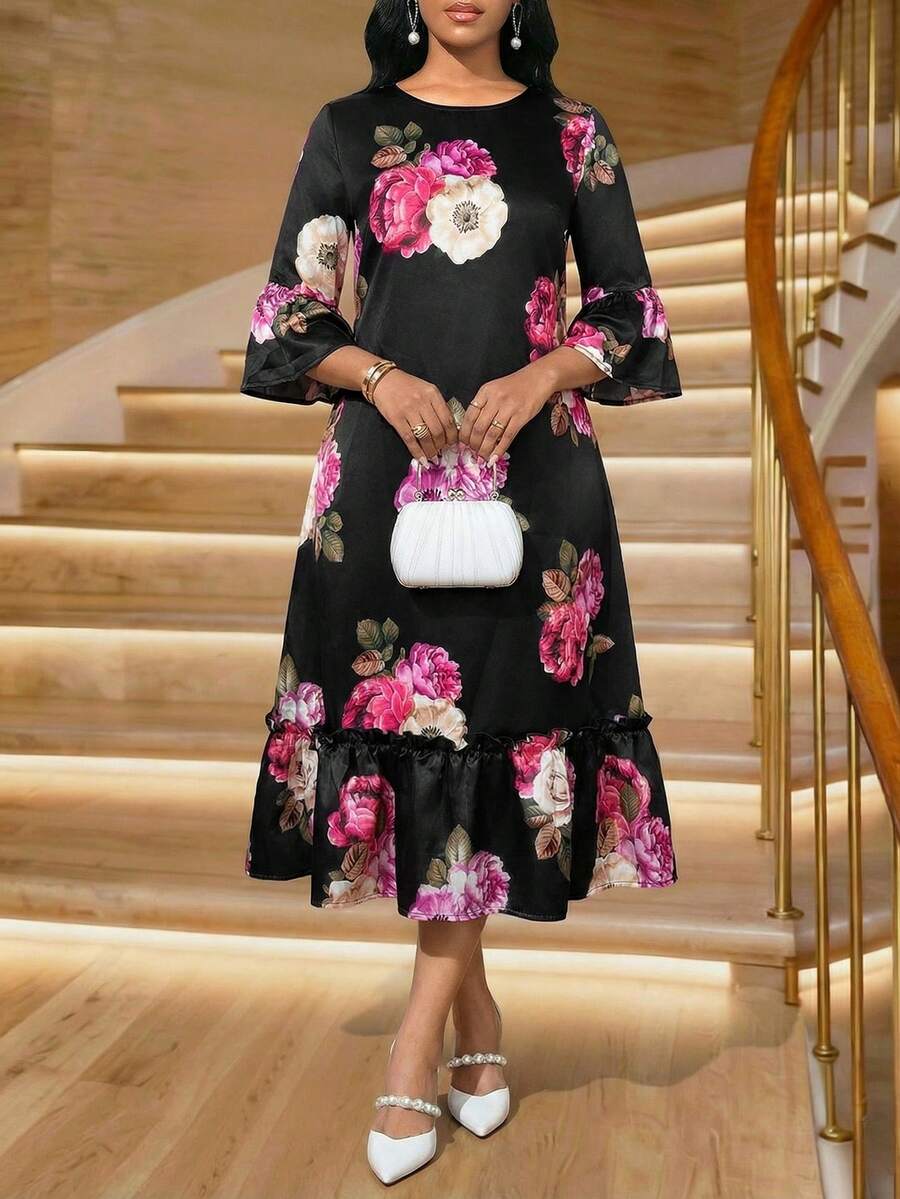 SHEIN Lady 浪漫优雅印花荷叶边连衣裙 - 黑色 - 查看 1