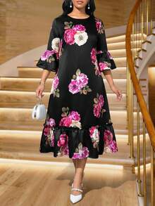 SHEIN Lady 浪漫优雅印花荷叶边连衣裙 - 黑色 - 查看 3