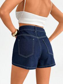 SHEIN High Rise Denim Mini Skort Dark Wash - Dark Wash - View 4