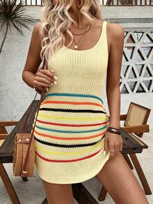 SHEIN LUNE Women's Casual Patchwork Knit Dress, Suitable For Daily Wear And Vacation - Yellow - View 4