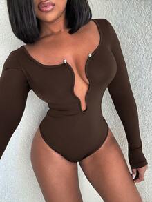 Alexandranx Body de cuello en V profundo moderno - Café integral - Ver 3