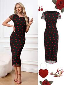 Ellevyn 女士优雅荷叶边修身及膝连衣裙，饰以爱心印花网纱，适合夏季和情人节约会 - 紅色和黑色 - 查看 2