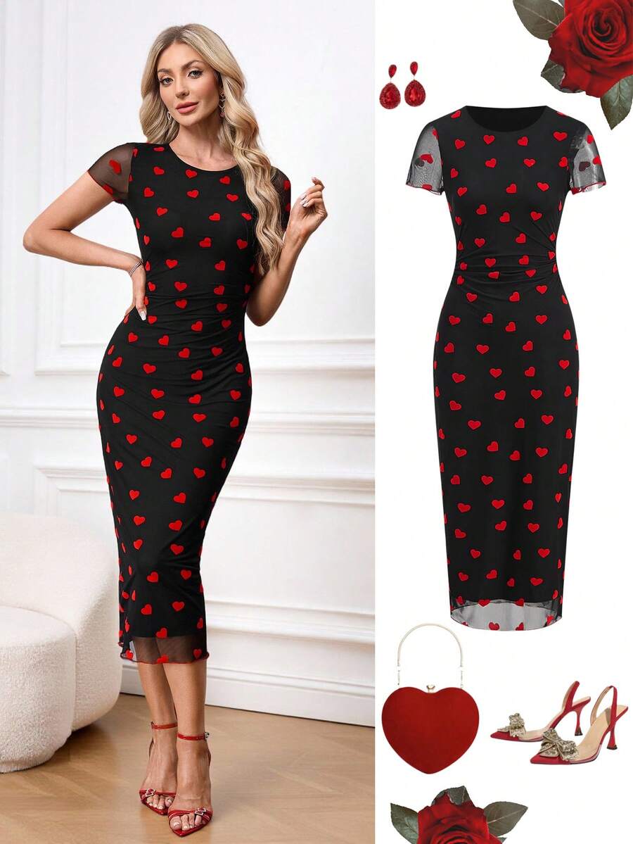 Ellevyn 女士优雅荷叶边修身及膝连衣裙，饰以爱心印花网纱，适合夏季和情人节约会