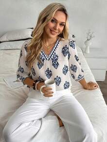 Louniche Áo sơ mi nữ cổ chữ V tay phồng in hoa, kiểu dáng thường ngày. - Màu be - Xem 6