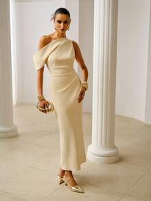 ZEYLAH Elegant Fitted Ruched Long Dress, Spring/Summer - Light Yellow - View 6