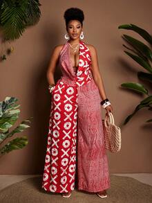 Maweii 大码女式度假风撞色抽象红色条纹印花垂褶领口宽松后背抽绳腰阔腿裤套装，适合派对、约会之夜、浪漫情人节、时尚外出、度假、海滩、音乐节等各种场合。 - 彩色 - 查看 1