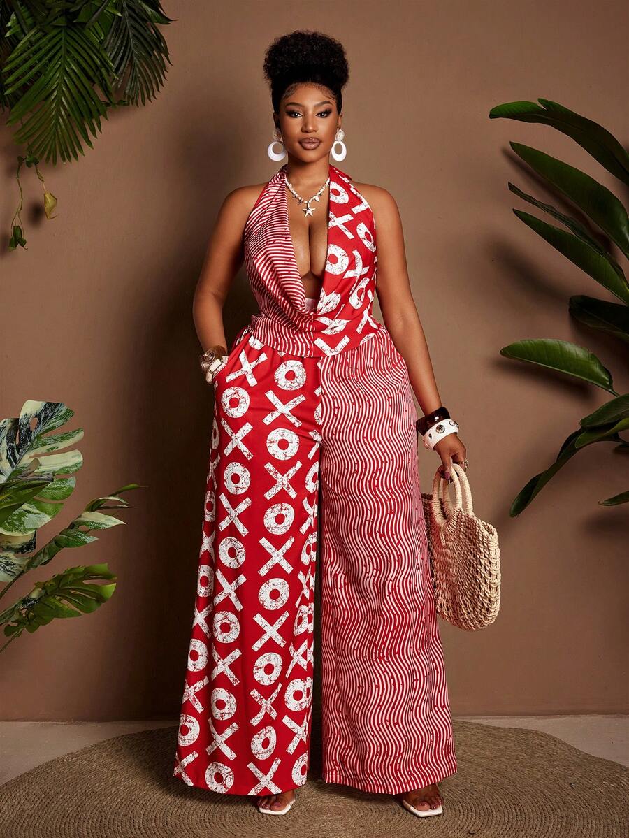 Maweii 大码女式度假风撞色抽象红色条纹印花垂褶领口宽松后背抽绳腰阔腿裤套装，适合派对、约会之夜、浪漫情人节、时尚外出、度假、海滩、音乐节等各种场合。 - 彩色 - 查看 1