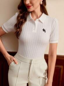 Vintamour 复古优雅女士 Polo 领罗纹提花休闲通勤度假 T 恤夏季上衣度假衬衫女式上衣女士商务休闲夏季外出上衣女士春假度假办公室教堂夏季上衣女士返校教师 - 白色 - 查看 4