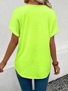 EMERY ROSE Women's Fluorescent Green V-Neck Short Sleeve Casual Versatile T-Shirt - Green - View 2