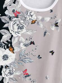 SHEIN LUNE 花卉印花蝙蝠袖弧形下摆T恤衫 女式上衣 - 彩色 - 查看 3