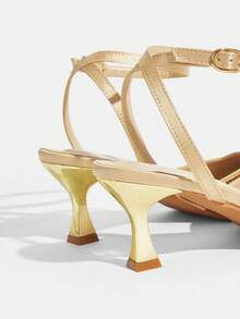 CUCCOO TILAWA 女鞋 时尚尖头杏色水钻踝带派对晚宴性感猫跟高跟鞋 女士露跟鞋 - 金色 - 查看 4