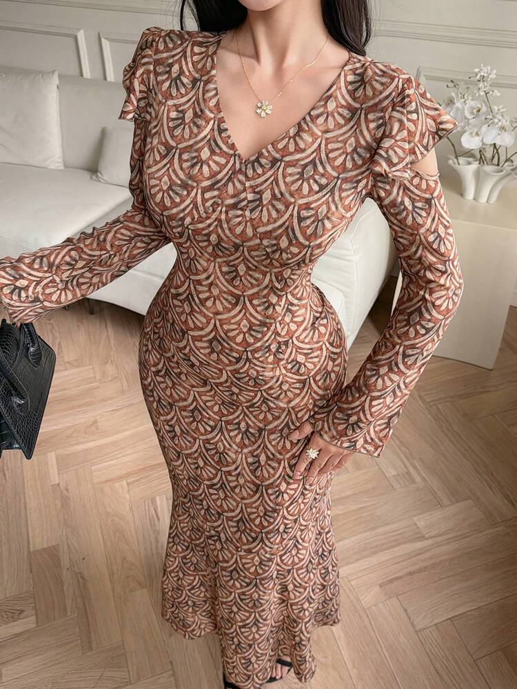 Women's Elegant Floral V-Neck Ruffle Hem Long Dress, Summer Sundress Boho Vacation Outfits Women