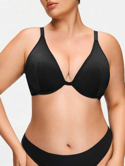 SHAPORA 1pc Black Underwire Padded Bra With 4 Rows Of Hooks, Plus Size Lift And Enhance Bra For Women