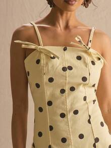 MUSERA Mono de mezclilla con detalle de lazo a lunares, cómodo y lindo para uso diario, vacaciones y salidas sociales en primavera y verano - Multicolor - Ver 2